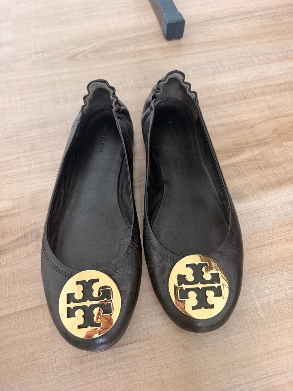 Tory Burch Black Leather Ballet Flats with Gold Logo Medallion